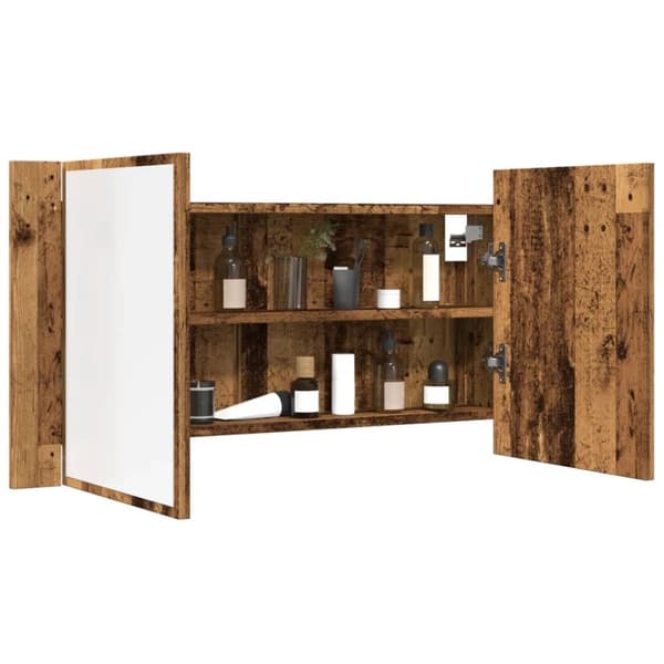 vidaXL spejlskab m. LED-lys 90x12x45 cm konstrueret træ antikt træ