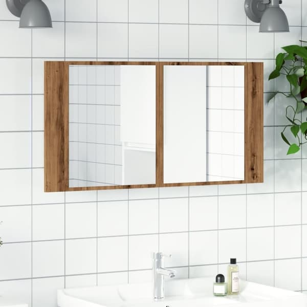 vidaXL spejlskab m. LED-lys 90x12x45 cm konstrueret træ kunsteg