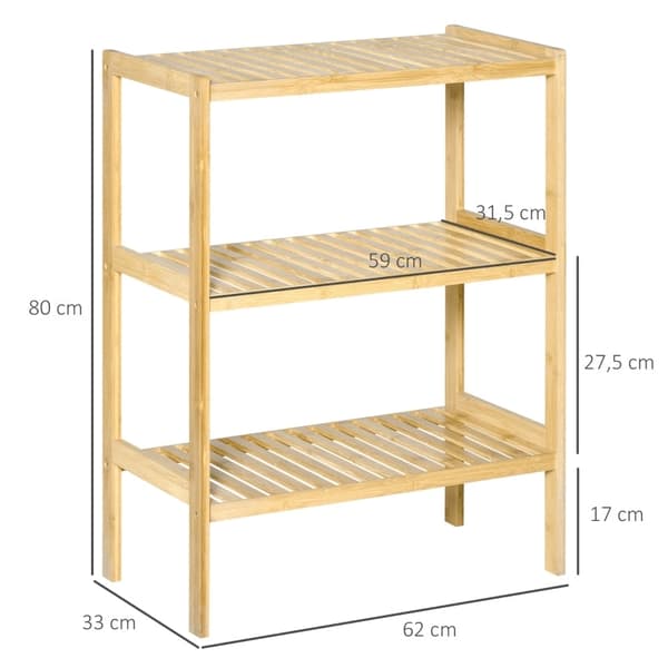 Rootz Bamboo -kylpyhuonehylly - Seisova teline - Järjestelyhylly - Natural Bamboo - 62cm x 33cm x 80cm - 3 hyllyä - Minimalistinen muotoilu