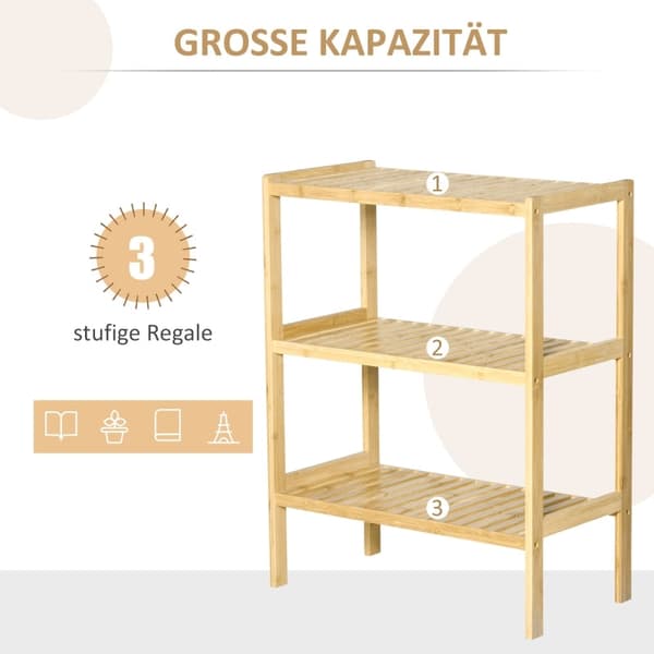 Rootz Bamboo -kylpyhuonehylly - Seisova teline - Järjestelyhylly - Natural Bamboo - 62cm x 33cm x 80cm - 3 hyllyä - Minimalistinen muotoilu