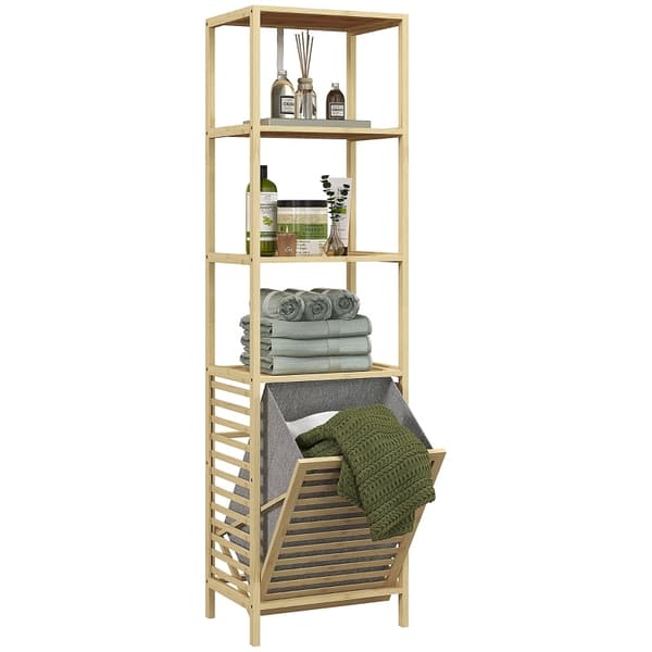 Rootz Bamboo Badrumsskåp - Smal förvaringsenhet - Tiltbar tvättkorg - Naturlig finish - 44cm x 33cm x 160cm