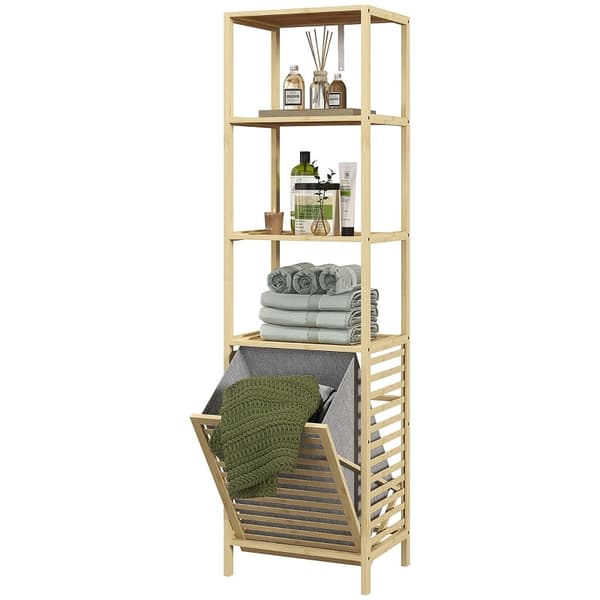 Rootz Bamboo Badrumsskåp - Smal förvaringsenhet - Tiltbar tvättkorg - Naturlig finish - 44cm x 33cm x 160cm