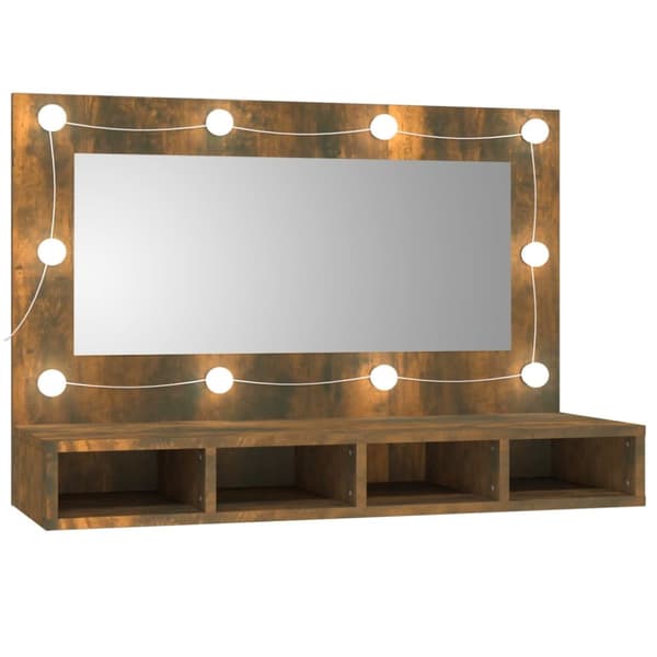 Spegelskåp med LED rökfärgad ek 90x31,5x62 cm