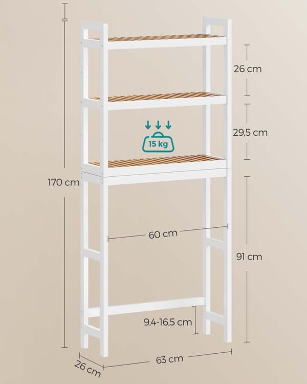 Rootz Bamboo 3-kerroksinen kylpyhuonehylly - Säilytysteline - Järjestäjä - Ympäristöystävällinen - Pilvivalkoinen/luonnollinen - 50 cm x 35 cm x 73 cm
