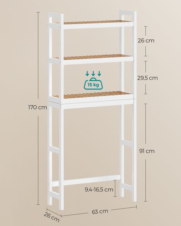 Rootz Bamboo 3-kerroksinen kylpyhuonehylly - Säilytysteline - Järjestäjä - Ympäristöystävällinen - Pilvivalkoinen/luonnollinen - 50 cm x 35 cm x 73 cm