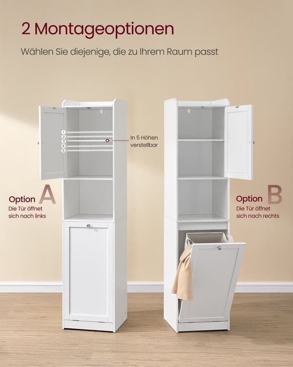 Rootz badeværelsesskab med vasketøjskurv - MDF-opbevaring - Polyesterstof - Sky hvid - 40 cm x 40 cm x 170 cm - Statisk belastning 20 kg