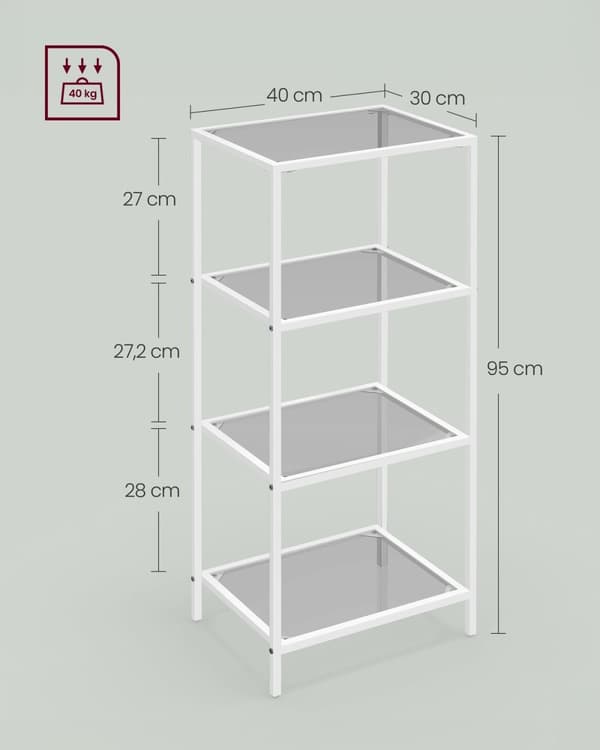 Rootz-kylpyhuoneen hylly - 4-kerroksinen järjestely - Säilytysteline - Metalli ja lasi - 30 cm x 40 cm x 95 cm - Liuskeenharmaa helmivalkoinen - 6,3 k