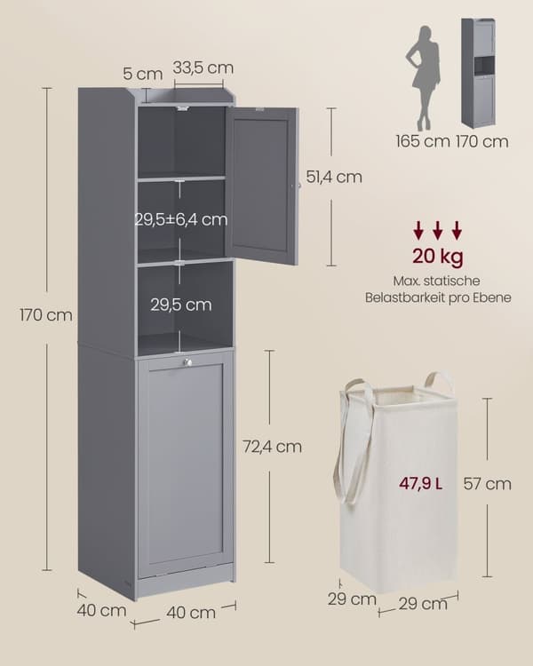 Rootz badeværelsesskab med vasketøjskurv og håndtag - Dove Grey opbevaringsenhed - MDF polyesterstof - 40 cm x 40 cm x 170 cm, 24 kg. Statisk belastni