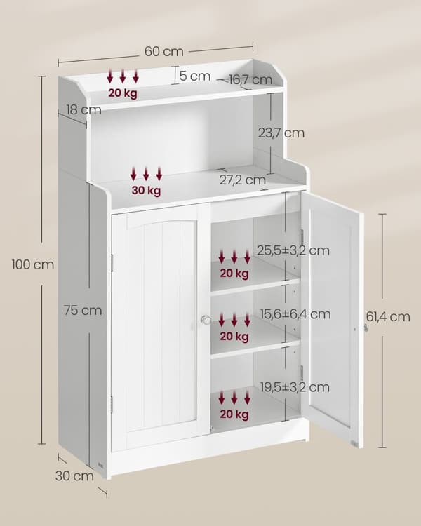 Rootz Badeværelsesskab Cloud White - Opbevaringsenhed - MDF-konstruktion - 2 låger og hylder - Stort og robust - 30cm x 60cm x 100cm