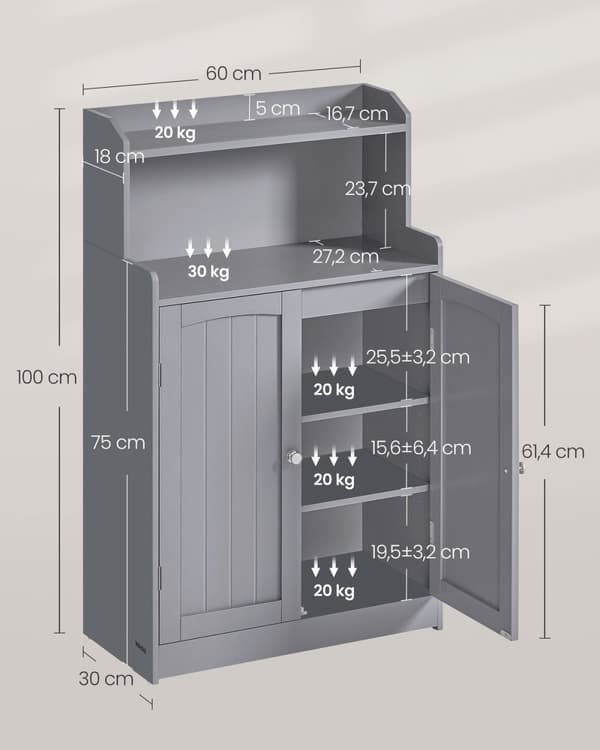 Rootz Dove Grey Badeværelsesskab - Opbevaringsenhed - Skab - MDF Materiale - 30 cm x 60 cm x 100 cm - Letvægts - Nem montering