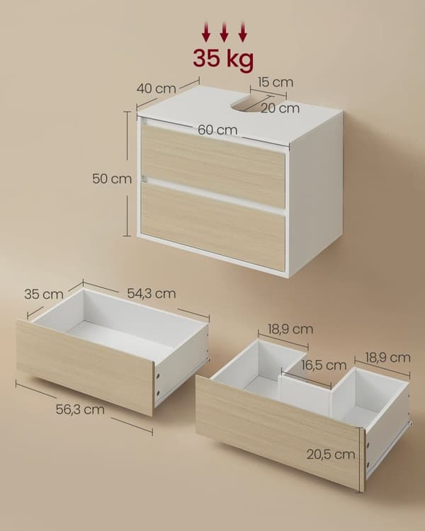 Rootz hængende vaskskab med 2 skuffer - Vaskeskab til badeværelset - Spånplade - Sky hvid - Naturlig beige - 40 cm x 60 cm x 50 cm