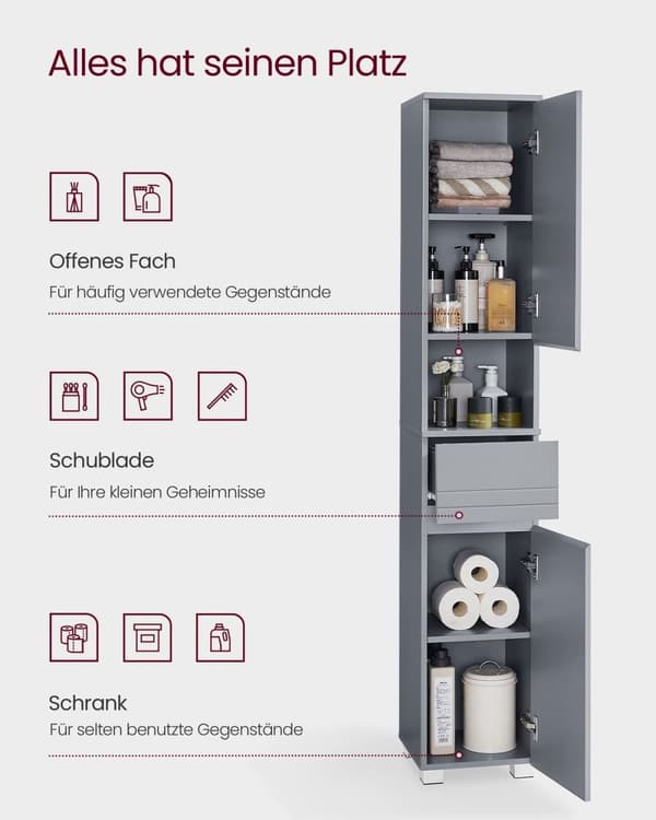 Rootz Mystical Grey Badeværelsesskab - MDF Opbevaring - Højt skab - 30 x 30 x 170 cm - Organisationsløsning