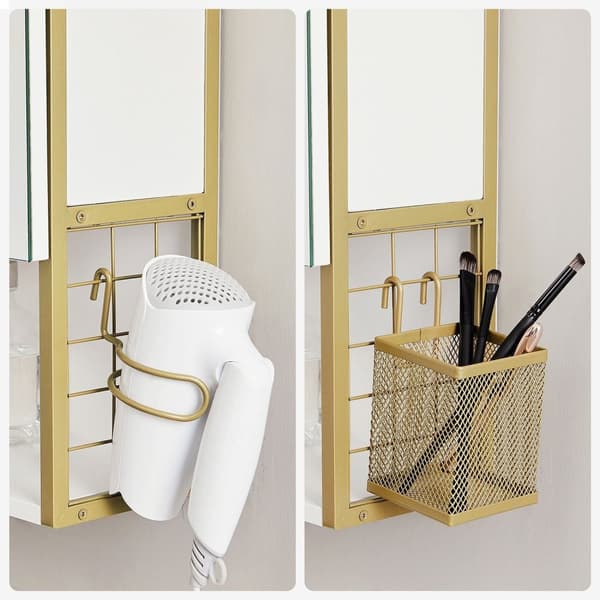 Spegelskåp - Badrumsskåp - med belysning - dubbel dörr - Modern - vit / guld