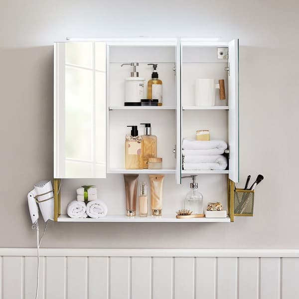 Spegelskåp - Badrumsskåp - med belysning - dubbel dörr - Modern - vit / guld