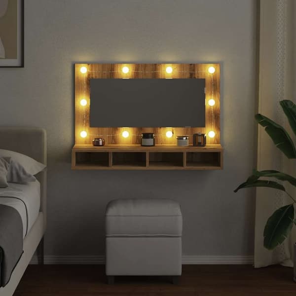 vidaXL spejlskab med LED-lys 90x31,5x62 cm kunsteg