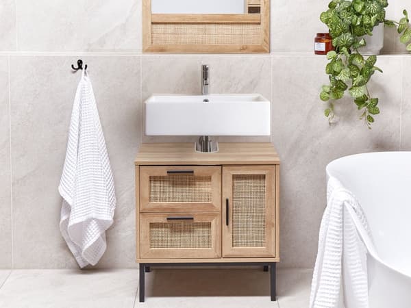 Badeværelsesskab Light Wood Chipboard Rattan Front Wicker 60 x 60 cm Boho Design
