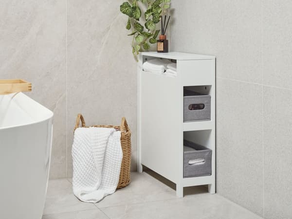 Badeværelsesskab hvid MDF 20 x 70 cm med kurveopbevaring smal