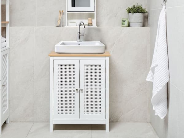 Skab under vasken hvid MDF 60 x 75 cm med hylder perforeret dør opbevaring moderne stil badeværelse