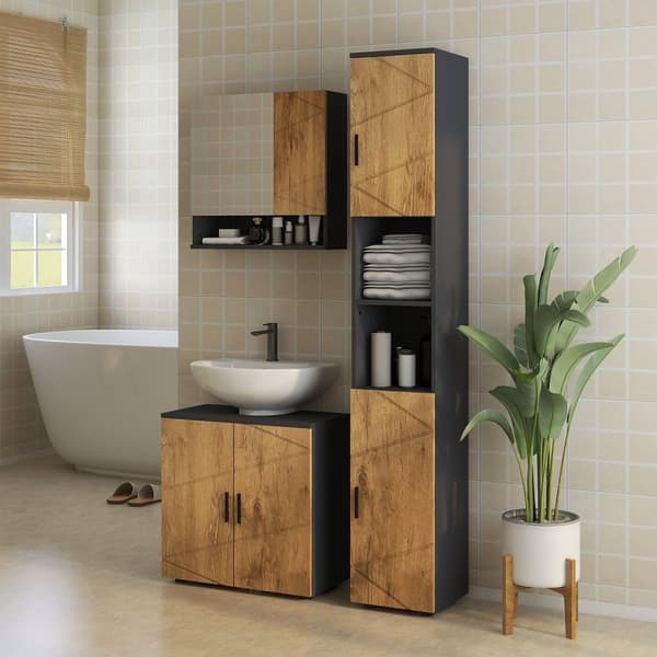 Rootz 2 Door Vanity Unit - Badeværelsets kabinet - Opbevaringsskab - MDF og chipboard holdbarhed - 60 cm x 30 cm x 60 cm - Brun -grå