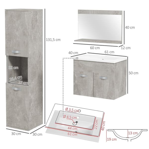 Rootz 3 -stykke badeværelsesmøbler sæt - forfængelighedssæt - vaskerummøbler - Rumbesparende design - 61 cm x 40 cm synke kabinet