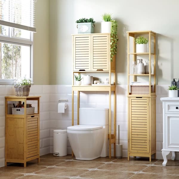 Rootz Bamboo -wc -hylly - WC -kylpyhuoneen järjestäjä - säilytyskaappi - Avaruussäästö - 60 x 23 x 173 cm