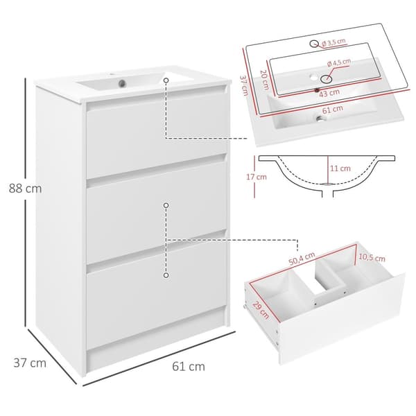 Rootz badeværelse skab - forfængelighed enhed - hvid - 2 skuffer - rumbesparende design - 61 cm x 37 cm x 88 cm