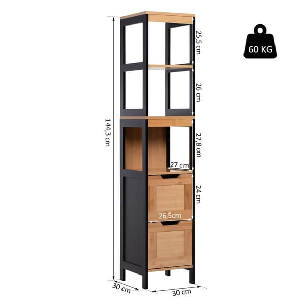 Rootzin kylpyhuoneen hyllykaappi - keittiön säilytys - Bamboo MDF - Compact Organizer - 30 x 30 x 144,3 cm