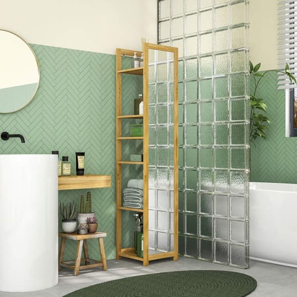 Rootz korkea kylpyhuonekaappi - kylpyhuoneen järjestäjä - kylpyhuoneen säilytysyksikkö - 6 hyllyä ja peiliä - bambu - 35W x 35d x 168h cm