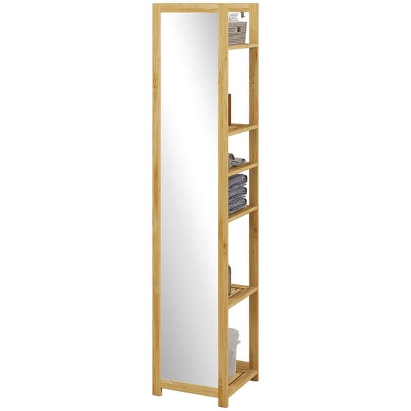 Rootz korkea kylpyhuonekaappi - kylpyhuoneen järjestäjä - kylpyhuoneen säilytysyksikkö - 6 hyllyä ja peiliä - bambu - 35W x 35d x 168h cm