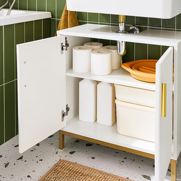 Rootz Sink Unit Cabinet - Badeværelsesskab - Opbevaringsskab - Justerbar hylde - 60x59x30cm - Klassisk hvid med gyldne metalhåndtag - Moderne design