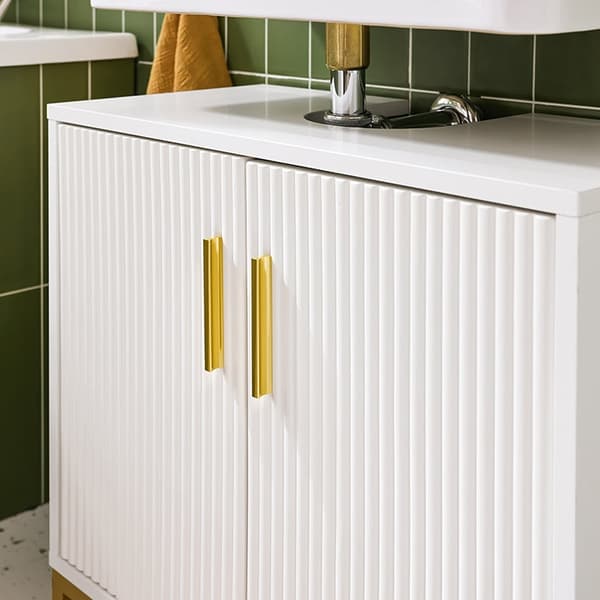 Rootz Sink Unit Cabinet - Badeværelsesskab - Opbevaringsskab - Justerbar hylde - 60x59x30cm - Klassisk hvid med gyldne metalhåndtag - Moderne design