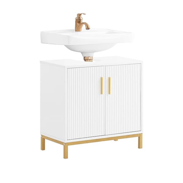Rootz Sink Unit Cabinet - Badeværelsesskab - Opbevaringsskab - Justerbar hylde - 60x59x30cm - Klassisk hvid med gyldne metalhåndtag - Moderne design