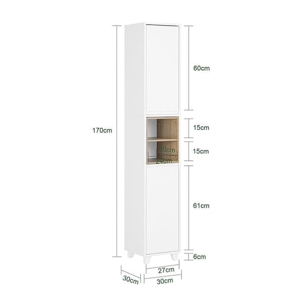 Rootz Tall Badrumskåp - Smal förvaringsenhet - Slim Cabinet - Justerbara hyllor - MDF, PB - 30x170x30cm