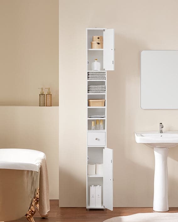 Rootz Tall Badeværelse Skab - Opbevaringsskab - Badeværelsesarrangør - Justerbare hylder - 20x180x20cm - MDF E1 - Højglans hvid