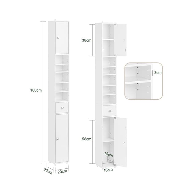 Rootz Tall Badeværelse Skab - Opbevaringsskab - Badeværelsesarrangør - Justerbare hylder - 20x180x20cm - MDF E1 - Højglans hvid