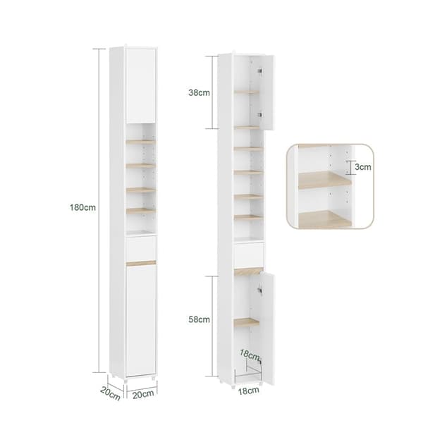Rootz Tall Badrumskåp - Lagringsenhet - Arrangör - Mångsidig förvaring - 20x180x20cm - MDF E1 Målad - Justerbara hyllor - Secure & Non -Slip