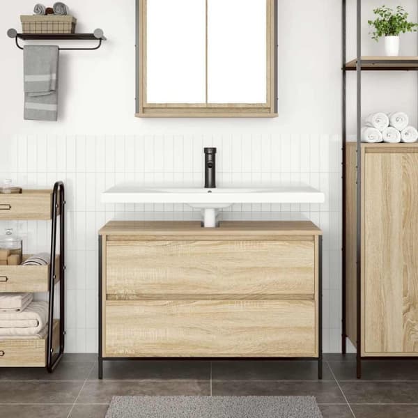 vidaXL håndvaskskab med skuffer 90x34,5x60 cm sonoma-eg