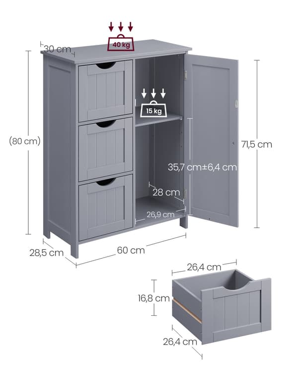 Sideboard, Badeværelsesskab, VASAGLE, 30x60x81 cm, Hvid.