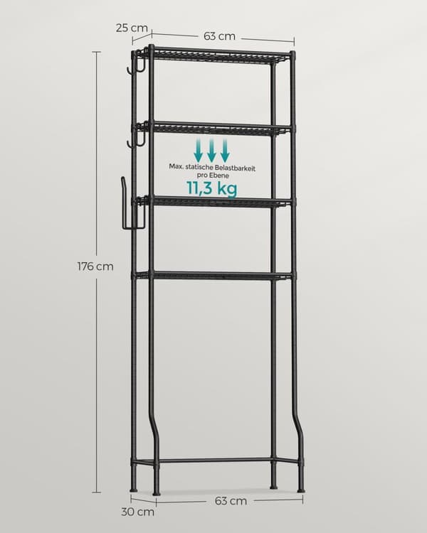 Toaletthylla, SONGMICS, 63x30x176 cm, Svart