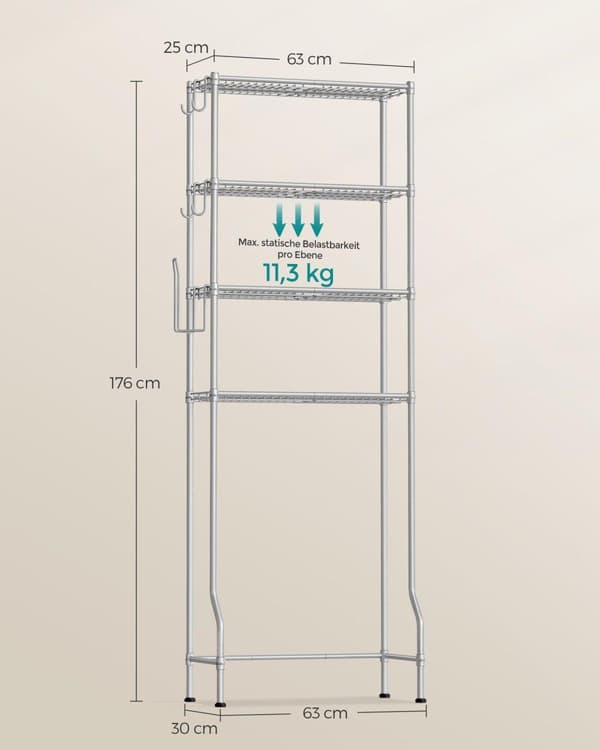 Toilet reol, SONGMICS, 63x30x176 cm, Grå