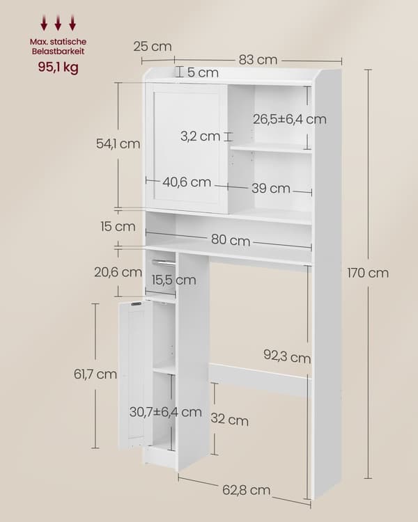 Toilet Hylde, VASAGLE, 25x83x170 cm, Hvid