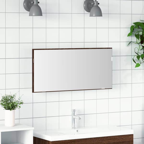 Badrumsspegel med förvaringsskåp och LED brun ek 80x37 cm