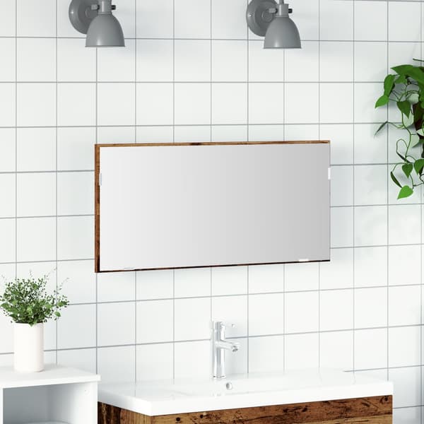 Badrumsspegel med förvaringsskåp och LED återvunnet trä 80x37cm
