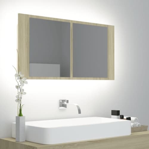 Spegelskåp med LED sonoma-ek 90x12x45 cm akryl