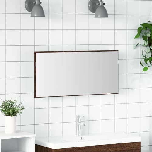 Badrumsspegel med förvaringsskåp och LED brun ek 80x37 cm