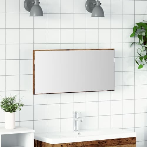 Badrumsspegel med förvaringsskåp och LED återvunnet trä 80x37cm