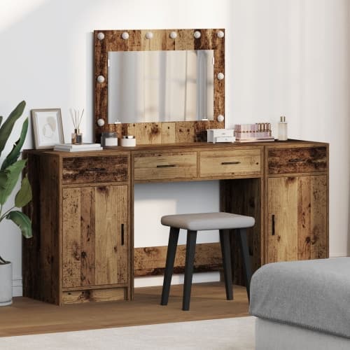 Sminkbord set 3 delar med LED-lampor åldrat och konstruerat trä