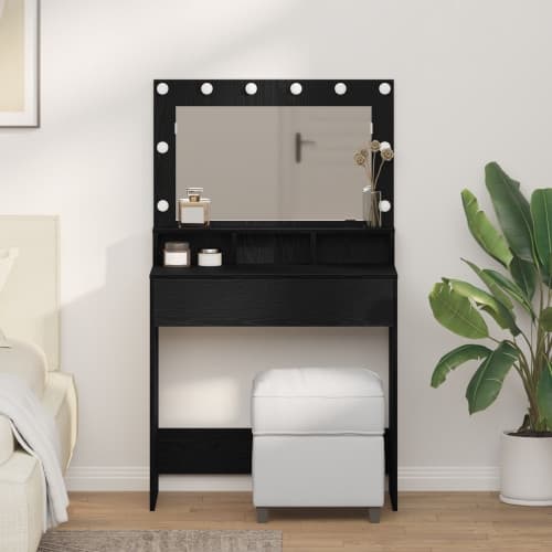 Sminkbord med LED-lampor svart ek 79x41x135 cm
