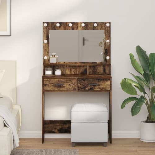 Sminkbord med LED-lampor rökt ek 79x41x135 cm