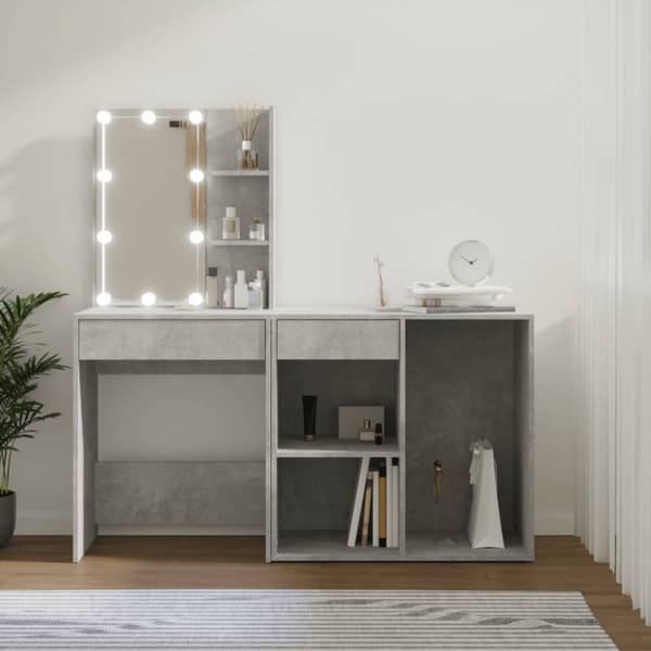 Sminkbord LED med skåp betonggrå konstruerat trä